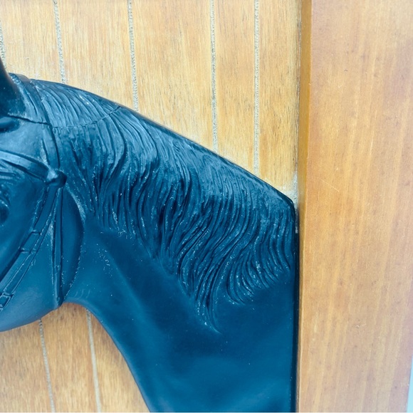 Vintage 3D Black Metal Horse Head Wall Plaque on Wood Panel – Equestrian Decor - Picture 8 of 9